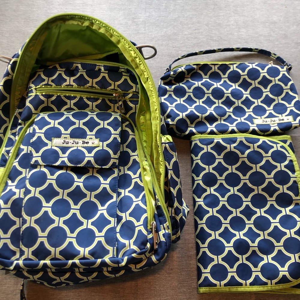 JuJuBe diaper bag with matching changing mat, small purse and pacifier holder